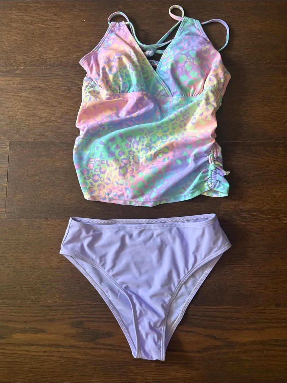 SHEIN Teen Pastel Leopard Tankini Set - Lavender & Multicolor